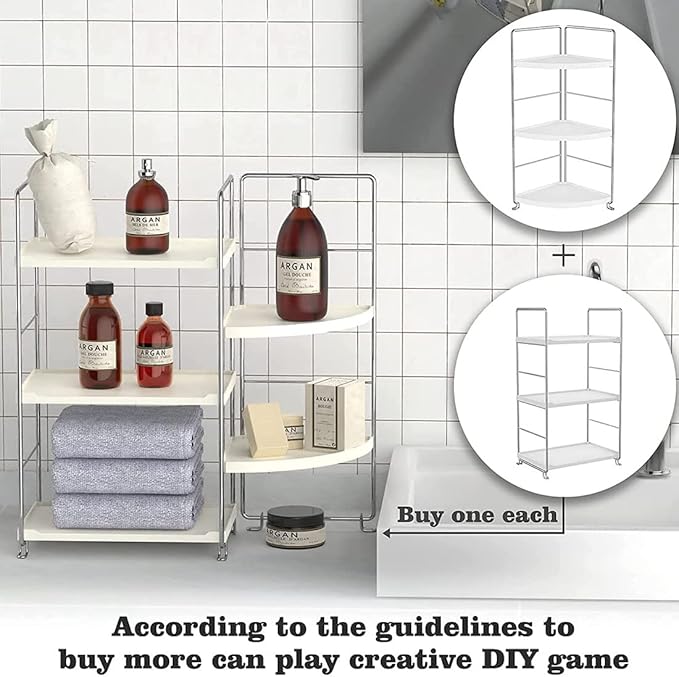 3-Tier Bathroom Countertop Organizer -Makeup Organizer -Corner Storage Shelf- Kitchen Spice Rack Standing Shelf-Great for Vanity, Bathroom, Bedroom, Kitchen (Silver & White)-NeatNest