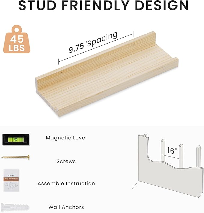 Floating Shelves for Wall, 16 inch Solid Wood Picture Ledge Shelf, Picture Shelf for Wall with Ledge, Floating Book Shelves for living room Bedroom Kitchen Nursery Decor, Natural Unfinished, Set of 2-NeatNest