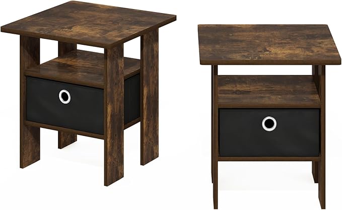 Furinno Andrey End Table Nightstand with Bin Drawer, Amber Pine/Black, Set of 2