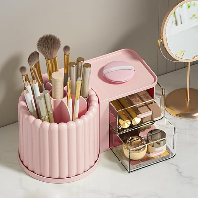 Makeup Organizer Countertop,360 Rotating Makeup Brush Holder With 2 Drawers,Small Preppy Organizer |9.25x5.11inch|Pink-NeatNest