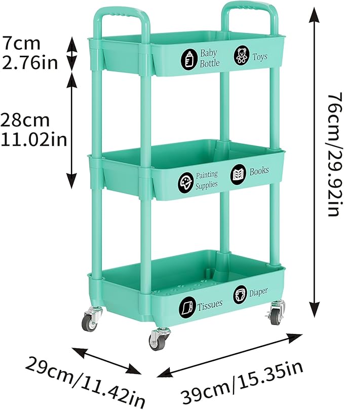Laiensia 3-Tier Rolling Cart with Wheels,Multifunction Utility Storage carts, Kitchen Storage Organizer,Mobile Shelving Unit for Bathroom,Laundry,with Classified Stickers,Green-NeatNest