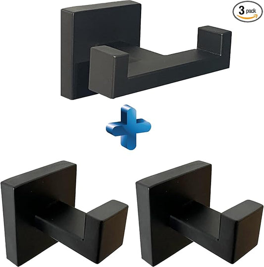 BOZWELL 1 Double Towel Hook and 2 Towel Hooks for Bathroom Matte Black Wall Mount，3 Pack Modern Square Style Coat Robe Hook，Stainless Steel Heavy Duty Door Hanger 1502-B-3-NeatNest