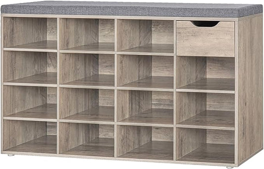 DINZI LVJ Shoe Bench, Entryway Storage Bench with Drawer and 15 Cubbies, Cubby Shoe Rack with Adjustable Shelves, Shoe Organizer Cabinet for Living Room, Bedroom, Mudroom, Closet and Garage, Greige-NeatNest