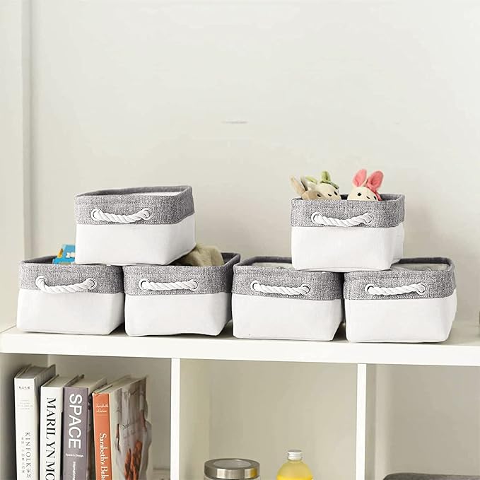 Basket for Organizing Cube Stgorage Bin - Small 6 Pack Fabric Storage Cubes Collapsible Baskets for Shelves with Rope, Bins for Organization Closet Cloth Toy Laundry Canvas (Grey&White 12x8x5.2 inch)-NeatNest
