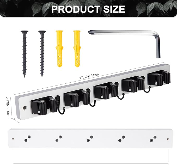 Broom Holder Wall Mount With 5 Slots & 4 Hooks，Rustic Wood Broom & Mop Hanger，Wall Mounted Garden & Garage Tool Storage Organizer Rack for Closet Laundry Room or Kitchen Wall Decor White-NeatNest