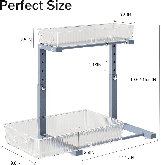 1 Pack 10.62"-15.5"H Under Sink Organizer, 2-Tier Pull Out Cabinet Organizer, Acrylic Under Sink Storage for Kitchen Bathroom Cabinet, L-Shaped Adjustable Height for Maximum Space Efficiency-Gray-NeatNest