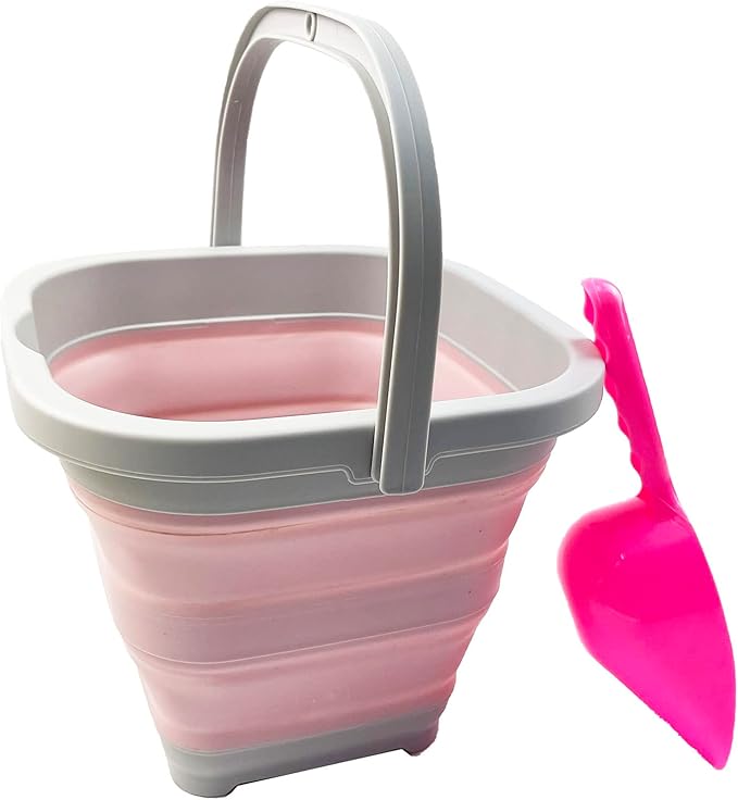 SAMMART Collapsible Rectangular Cleaning Bucket 5L (1.3 Gallon)- Foldable Camping Beach Sand Water Pot Pail- Portable Space Saving Tub for Household, Outdoor Car Washing (Grey/Pale Pink)-NeatNest