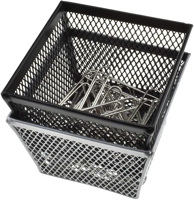 HAHIYO Stackable Paper Clip Mesh Holder Cup 2.2" Height 4 Pack Sturdy Paperclip Holder Container for Desk Drawer Organizer Collection for Home Office School Black Silver Soft Foam Feet No Sharp Edges-NeatNest