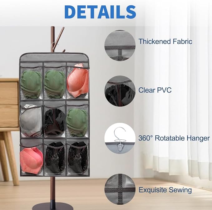 2 Pcs Closet Organizer Dual Sided Hanging Shoe Storage Bag Underwear Socks Holder with 18 Pockets (CLEAR POCKETS)-NeatNest