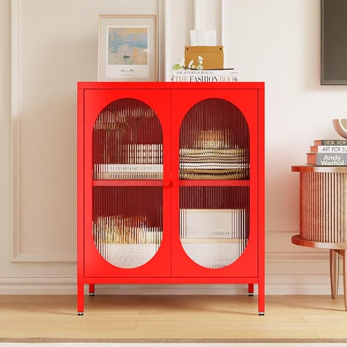 2 Doors Locker Metal Storage Cabinet, Buffet Cabinet with Glass Doors, Freestanding Metal Sideboard for Small Spaces, Living Room, Dining Room, Entryway (Buffet Cabinet, Red)