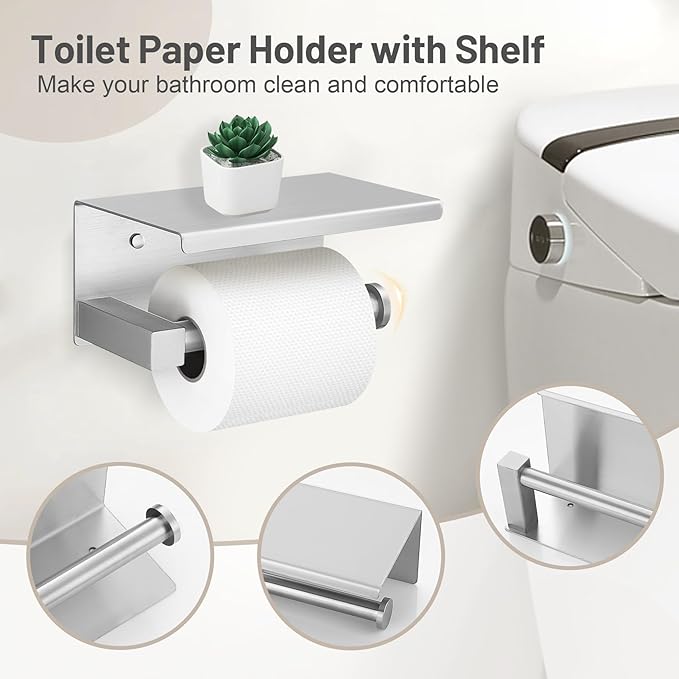 5PCS Brushed Nickel Bathroom Hardware Set, SUS304 Stainless Steel Towel Bar Set-23.6 inches Towel Bar, Toilet Paper Holder with Shelf, Towel Ring and Two Towel Hooks, Towel Holder Set Wall-Mounted