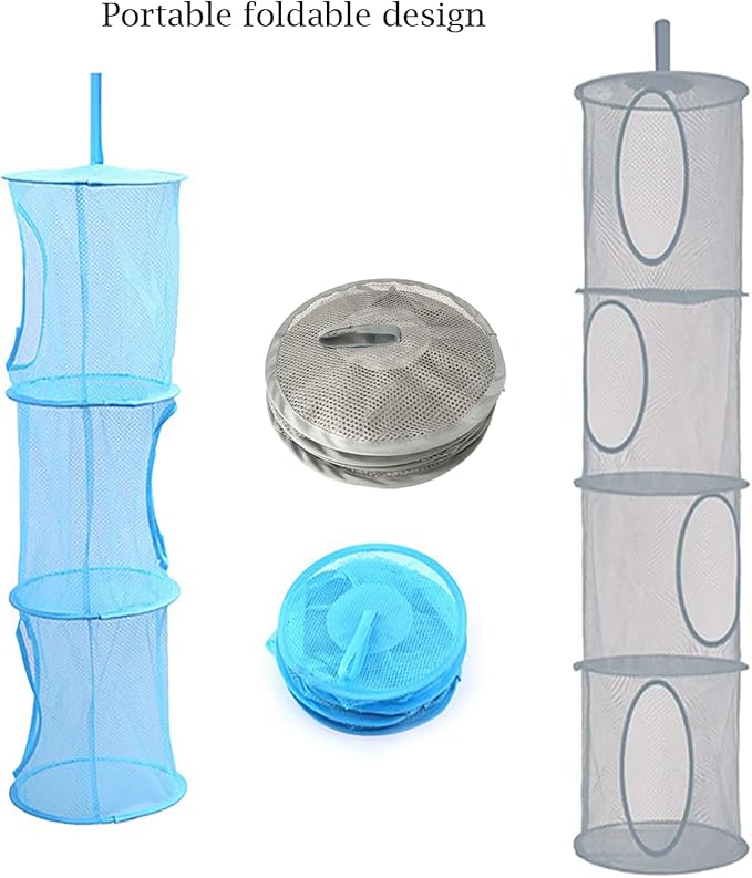 2pcs Hanging Mesh Storage Organizer Bag Foldable Space Saving Organizer with 2pcs S Hooks for Room Bathroom Wall Balcony Wardrobe(Grey，Blue)-NeatNest