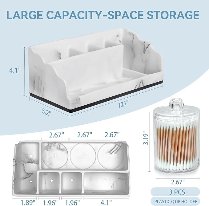 Bathroom Counter Organizer with 3PCS Qtip Holder, Marble Toothbrush Holders for Bathrooms, Bathroom Organizers and Storage with Drain Holes, Electric Toothbrush Holder, Vanity Organizer