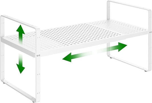 Expandable Kitchen Cabinet Shelf Organizer Rack Heavy Duty Metal Spice Rack Stackable Kitchen Counter Storage Shelf for Cabinet Pantry Bathroom (White- 16.5"-27" L x 8" W x 9.6" H - 1Pack)-NeatNest