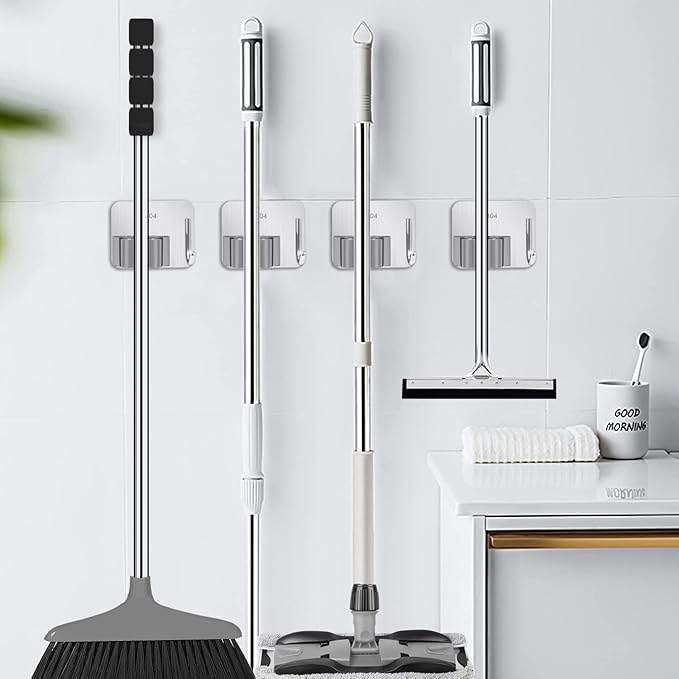 HYRIXDIRECT Broom Holder Self Adhesive No Drill Wall Mount Mop Broom Organizer with Hook Heavy Duty Stainless Steel Garden Tool Organizer Garage Storage and Organization Hanger (Silver + Grey)