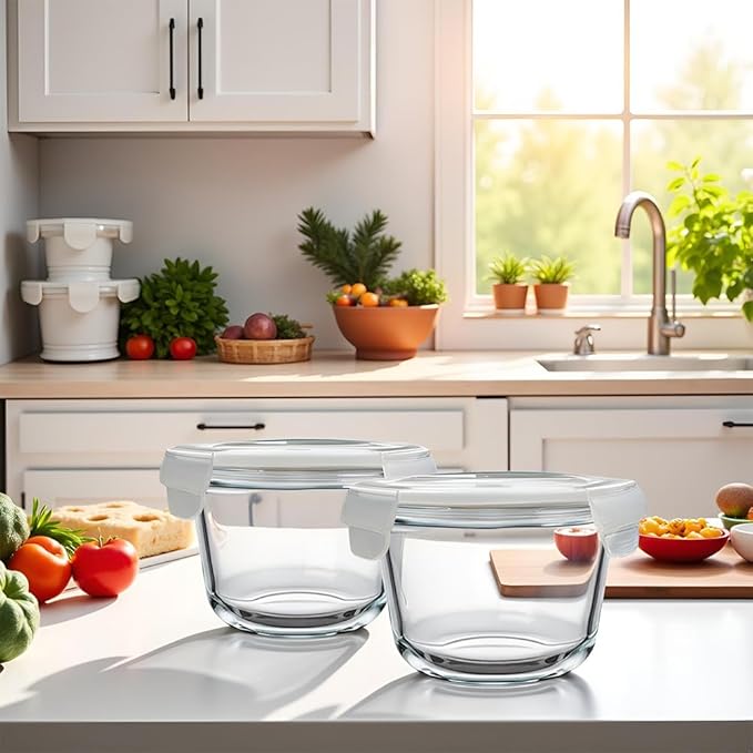 2 Cup Round Glass Soup Storage Containers with Lids, Round Glass Food Container with Airtight Lids, Borosilicate Food Storage Containers for Leftover, Oven, Dishwasher, Fridge Safe (4 Pack)