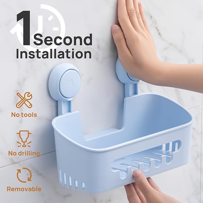 LEVERLOC Shower Caddy Suction Cup 2 Pack, Shower Organizer Removable Bathroom Shelf, Storage Suction Powerful Max Hold 22lbs Bathroom Caddy Waterproof Holder, Blue-NeatNest