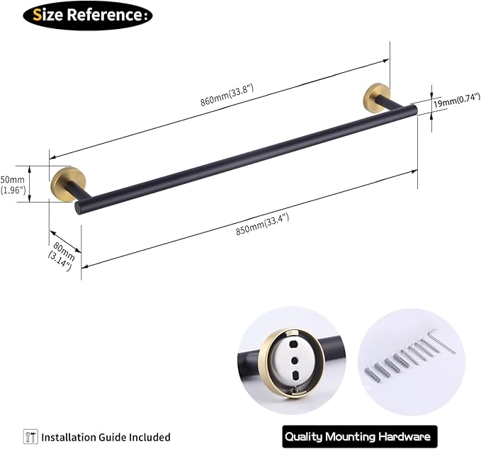 GERZWY Stainless Steel 33 Inch Towel Bar Black Towel Rack Wall Mounted Towel Rail Towel Rod for Bathroom (Black & Gold) AG1101C85-BD