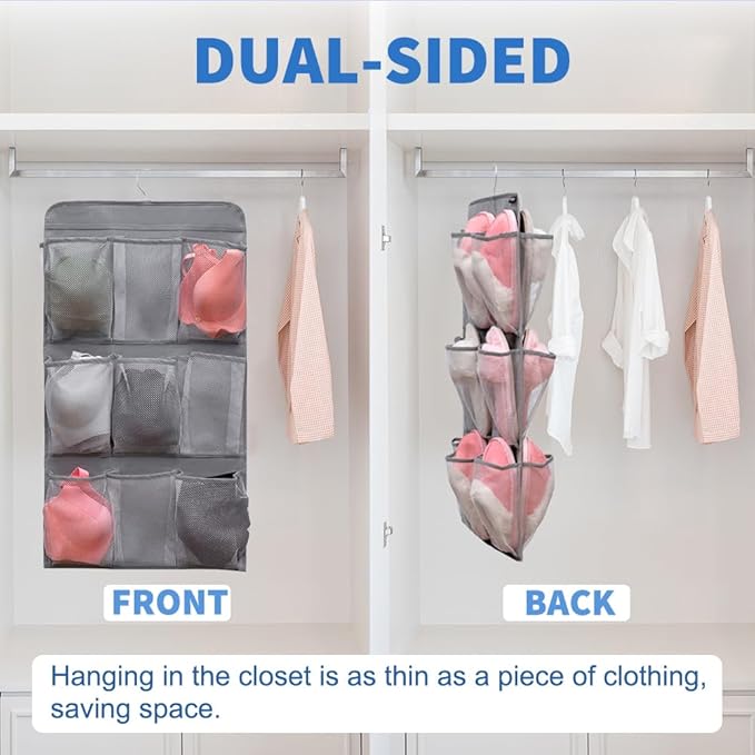 2 Pcs Closet Organizer Dual Sided Hanging Shoe Storage Bag Underwear Socks Holder with 18 Pockets (MESH POCKETS)-NeatNest