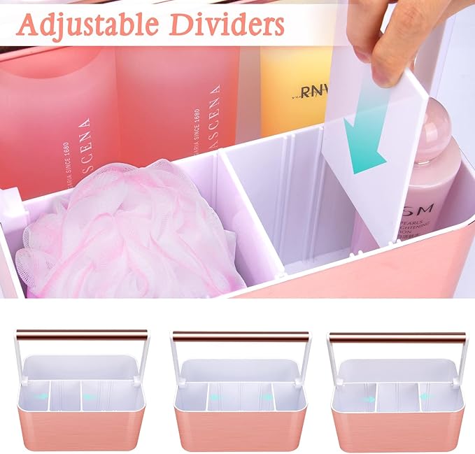 Portable Shower Caddy Tote: Divided Large Plastic Bath Basket Bin with Handles for College Dorm, Shower Storage Organizer for Bathroom Vanity Holds Shampoo,Conditioner Pink