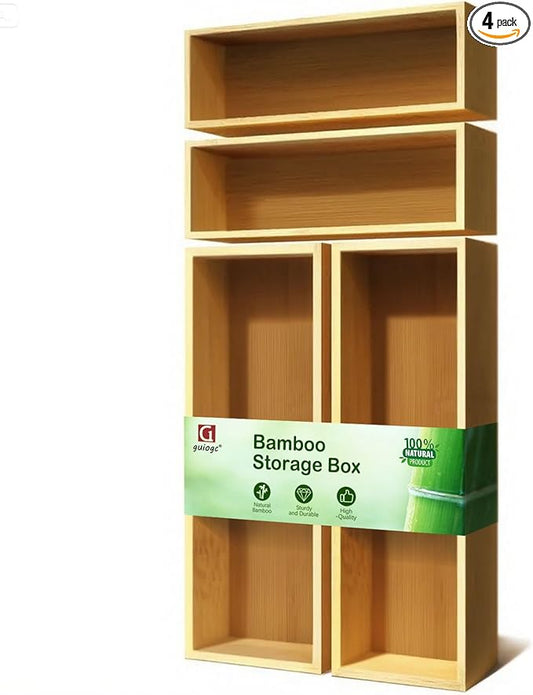 Bamboo Drawer Silverware Organizer, Flatware Organizer, Bamboo Storage Box for Office, Bathroom and other objects storage (large14.2 x5 x2 Small 9.85"x3.55"x1.78"- Set of 4)-NeatNest