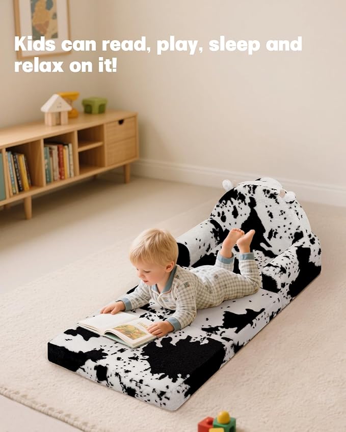 2-in-1 Toddler Chair and Couch – Soft Faux Rabbit Fur, Cow Pattern Design, Fold Out Seat for Reading & Nap, Ages 1–3-NeatNest