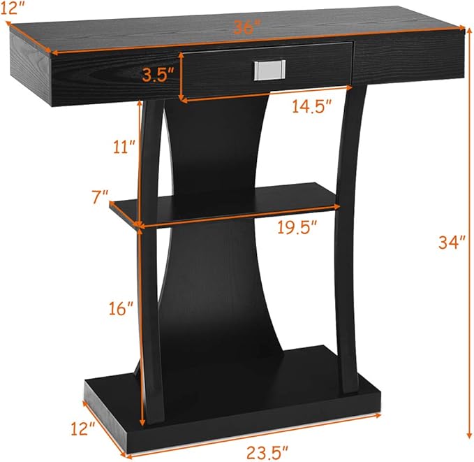 Giantex Console Table, Sofa Table with Drawer and 2-Tier Shelves, Accent Table for Entryway, Hallway and Living Room (Black)-NeatNest