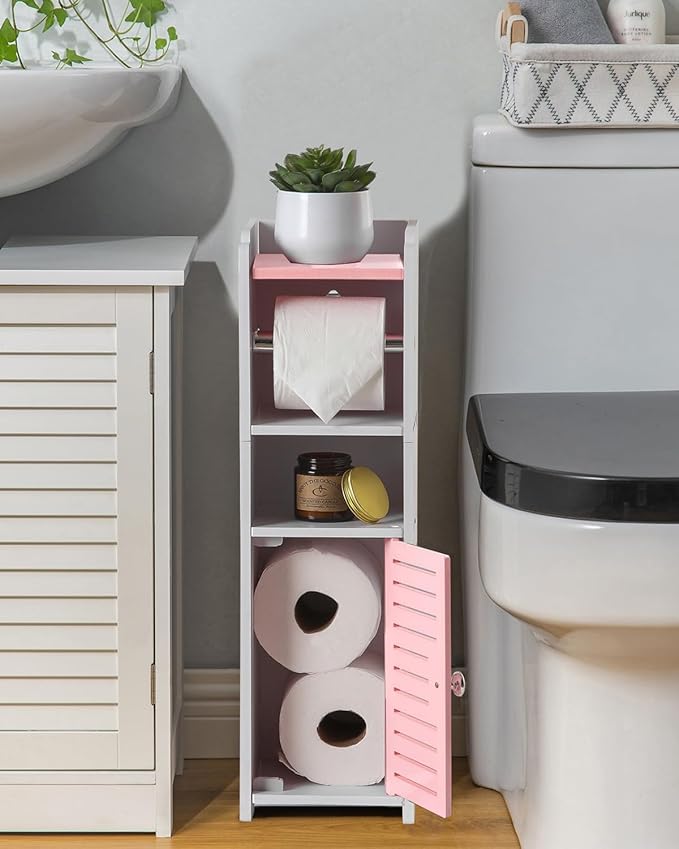 AOJEZOR Toilet Paper Holder Stand: Small Bathroom Storage Cabinet Mini - Rose Dawn/White-NeatNest