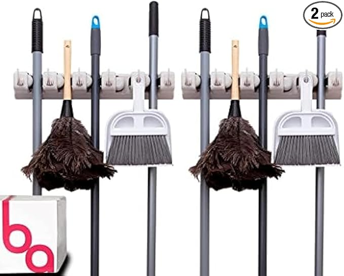 Berry Ave Broom Holder & Wall Mount Garden Tool Organizer- Kitchen, Closet, Garage & Laundry Room Storage With 5 Slots And 6 Hooks- Wall Holder For Broom, Rake & Mop Handles Up To 1.25” [Beige 2-Pack]-NeatNest