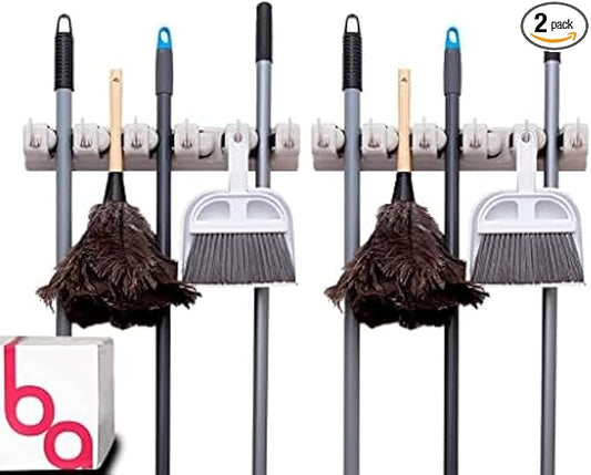 Berry Ave Broom Holder & Wall Mount Garden Tool Organizer- Kitchen, Closet, Garage & Laundry Room Storage With 5 Slots And 6 Hooks- Wall Holder For Broom, Rake & Mop Handles Up To 1.25” [Beige 2-Pack]-NeatNest