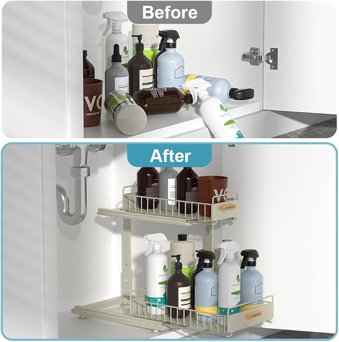 Under Sink Organizer, Pull Out Kitchen Cabinet Organizer 2 Tier Slide Out Under Sink Organizers and Storage, Sink Shelf Cabinet Storage Shelves for Kitchen Bathroom Pantry, Grey-NeatNest