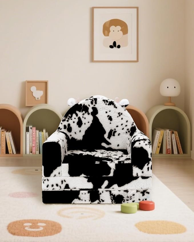 2-in-1 Toddler Chair and Couch – Soft Faux Rabbit Fur, Cow Pattern Design, Fold Out Seat for Reading & Nap, Ages 1–3-NeatNest