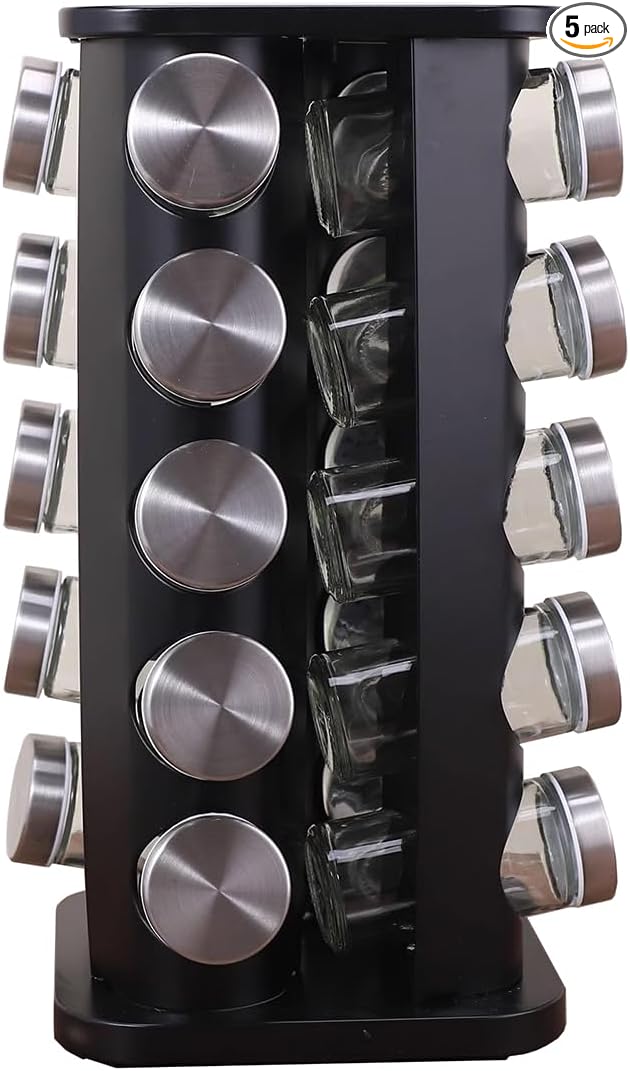 Spice rack-Revolving Spice Rack Set, Kitchen Spice Tower Organizer for Countertop or Cabinet -Desktop Rotating Seasoning Organizer(Stainless Steel) (Black, SquareHead_20Jars)
