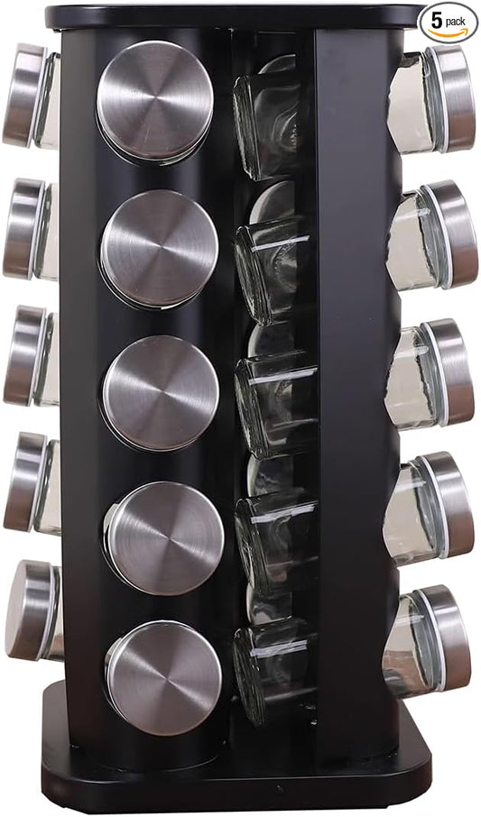 Spice rack-Revolving Spice Rack Set, Kitchen Spice Tower Organizer for Countertop or Cabinet -Desktop Rotating Seasoning Organizer(Stainless Steel) (Black, SquareHead_20Jars)