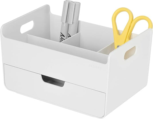 BLUE GINKGO Portable Desk Organizer – Compact 3 Compartment, Half-drawer Storage – Pen Holder, Stationery Desktop Organizer for Office, Makeup, Crafts (Made in Korea, White)-NeatNest