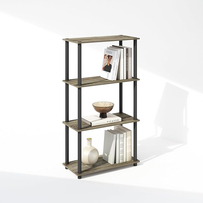 Furinno Turn-N-Tube 4-Tier Multipurpose Bookshelf, Bookcase, French Oak/Black-NeatNest