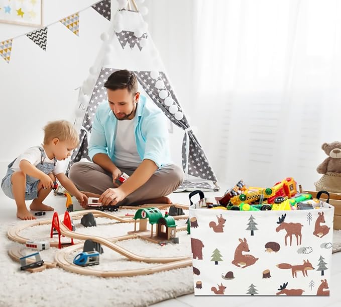 CLOCOR Rectangular Storage Basket,Collapsible Fabric Storage Container,Waterproof Toy Bin with Handles,Gift Basket(Brown Animals)-NeatNest