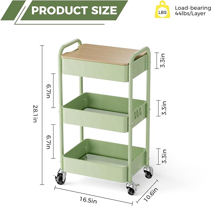 3 Tier Rolling Cart with Table top, Metal Rolling Utility Cart, Sturdy Storage Organizer Cart with Locking Wheels & Hooks for Office, Classroom, Kitchen and Bathroom-NeatNest