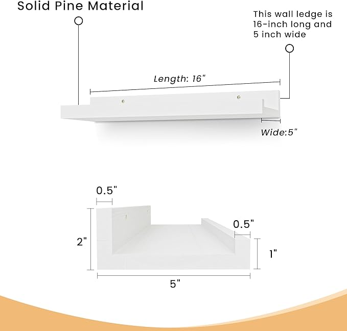 Floating Shelves for Wall, 16 inch Solid Wood Picture Ledge Shelf, Picture Shelf for Wall with Ledge, Floating Book Shelves for Living Room Bedroom Kitchen Nursery Decor, White, Set of 2-NeatNest