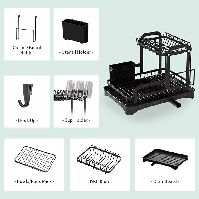 Household Kitchen Countertop Dish Rack - Adjustable Utensil Drying Rack & Plate Bowl Organizer with Drainer Tray - Space-Saving Storage for Dishes, Cups, Chopsticks