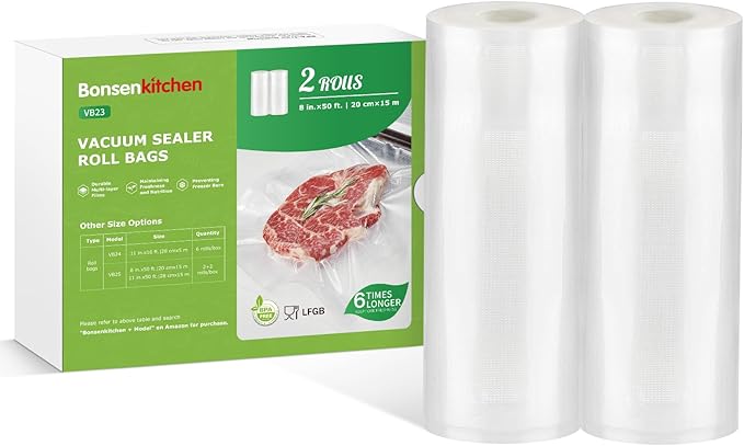 Bonsenkitchen Vacuum Sealer Bags Rolls, 8 in x 50 ft Rolls 2 pack Durable Food Sealer Bags, Commercial Grade, Heavy Duty, BPA Free, Seal a Meal, Great for Food Storage & Sous Vide Cooking, VB23-NeatNest
