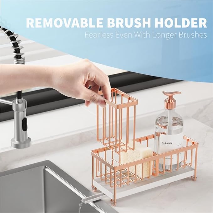 Cisily Rose Gold Sponge Holder for Kitchen Sink, Sink Caddy Organizer with High Brush Holder, Kitchen Countertop Organizers and Storage Essentials, Rustproof 304 Stainless Steel, Soap Dispenser-NeatNest