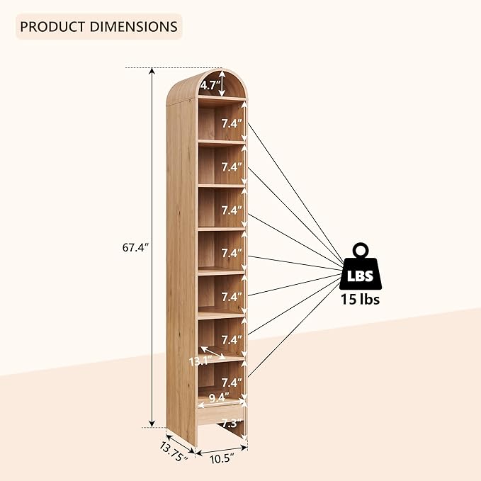 67" Tall Arched Shoe Storage Cabinet, 8 Tiers 8 Pairs Wooden Shoe Rack with 3 Adjustable Shelves, Freestanding Shoe Closet Shelf Organizer for Entryway, Hallway, Living Room (Natural)-NeatNest
