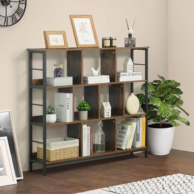 CAPHAUS 10 Cube Storage Organizer, 48” Wide 3 Tier Rustic Oak Industrial Open Shelf Bookcase, Display Shelf, Horizontal Bookshelf with Metal Frame, Wooden Board, for Living Room, Bedroom, Office-NeatNest