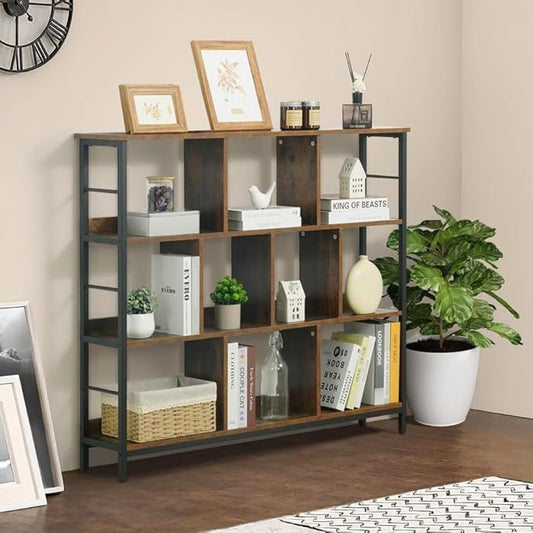 CAPHAUS 10 Cube Storage Organizer, 48” Wide 3 Tier Rustic Oak Industrial Open Shelf Bookcase, Display Shelf, Horizontal Bookshelf with Metal Frame, Wooden Board, for Living Room, Bedroom, Office-NeatNest