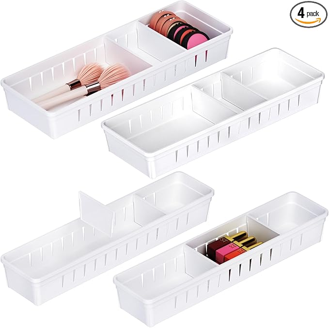 Desk Drawer Organizer Tray 4 PCS Plastic Office Drawer Organizer Bins Junk Organizer Divider with Non-Slip Silicone Pads, Makeup Vanity Organizer for Drawer, White-NeatNest