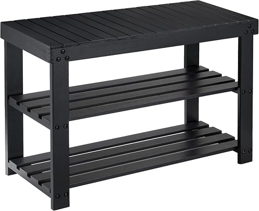 Pipishell Bamboo Shoe Rack Bench, 3 Tier Sturdy Shoe Organizer, Storage Shoe Shelf, Holds up to 300lbs for Entryway Bedroom Living Room Balcony, Black-NeatNest