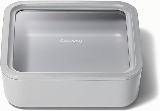 Caraway Glass Food Storage, 10 Cup Glass Container - Ceramic Coated Food Container - Non Toxic, Non Stick Lunch Box Container with Glass Lids. Dishwasher, Oven, & Microwave Safe - Square Shape - Gray-NeatNest