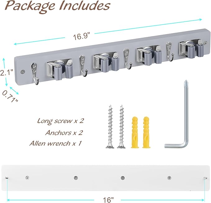Gray Mop Broom Holder Wall Mount with 4 Slots & 4 Hooks - Wood Broom Mop Hanger for Pantry Closet Laundry Room Organization - Heavy Duty Garden Tool Organizer-NeatNest