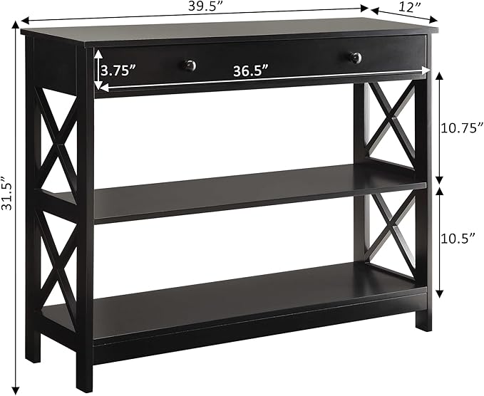 Convenience Concepts Oxford 1-Drawer Console Table 39.5" - Farmhouse Sofa Display with Storage Shelf For Living, Family, & Dining Room, Modern Entryway Hall Table for Kitchen, Bedroom, Black-NeatNest